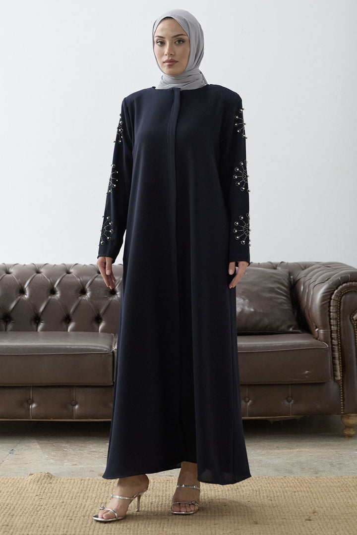 MDS Women Sleeves Pearl Stone Detail Abaya - Navy Blue - Roy