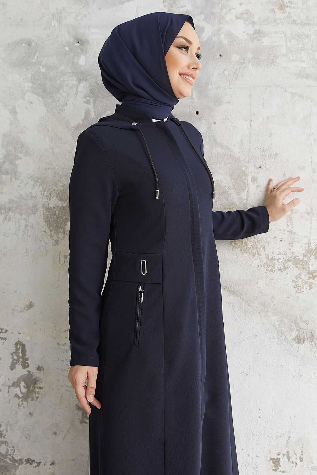 MDS Women Elena White Detailed Hooded Abaya - Navy Blue - Champaign