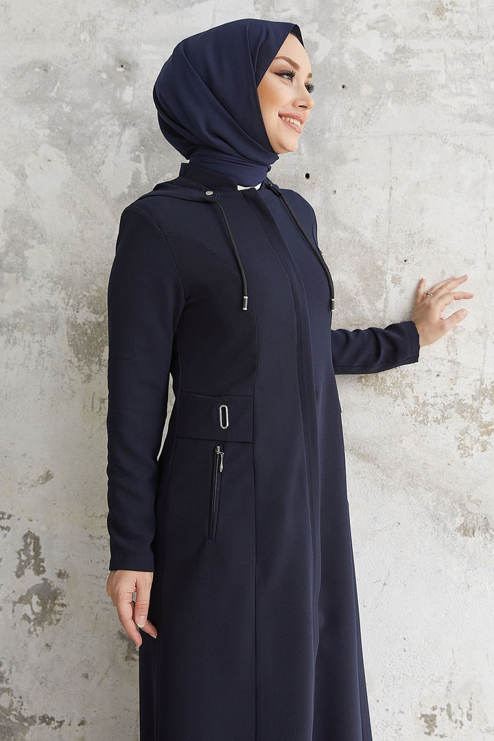 MDS Women Elena White Detailed Hooded Abaya - Navy Blue - Champaign