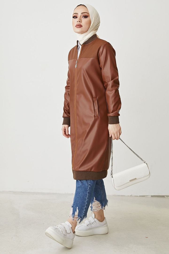 MDS Women Ribbed Zip Leather Jacket - Brown - Monza