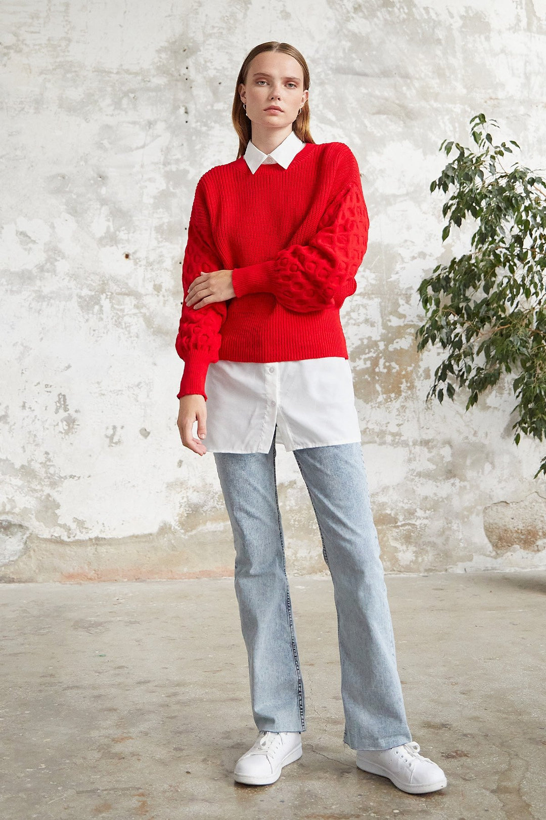 MDS Women Larisa Balloon Sleeve Sweater - Red - Mettmann