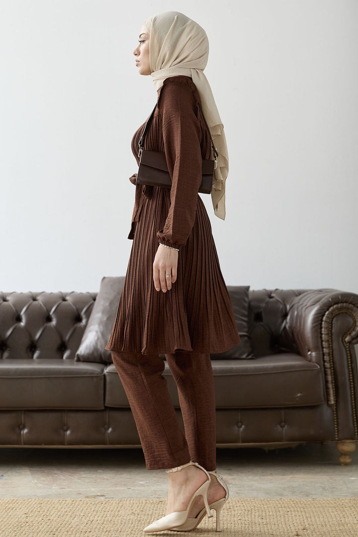 MDS Women Front Pleated Ruffle Detail Set - Brown - Keratsíni