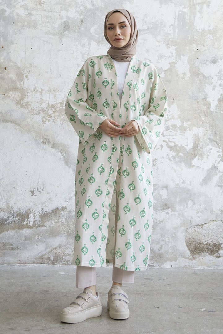 MDS Women Ethnic Pattern Long Kimono - Green - Land O Lakes