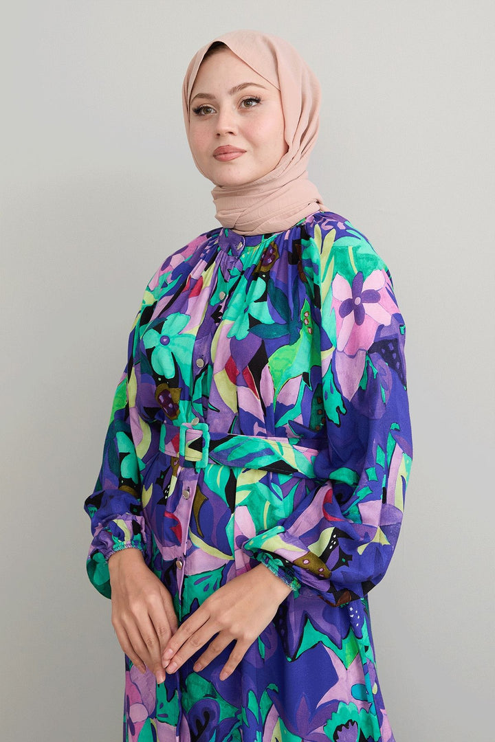 MDS Women Belted Floral Purple Viscose Dress - Châtenay-Malabry
