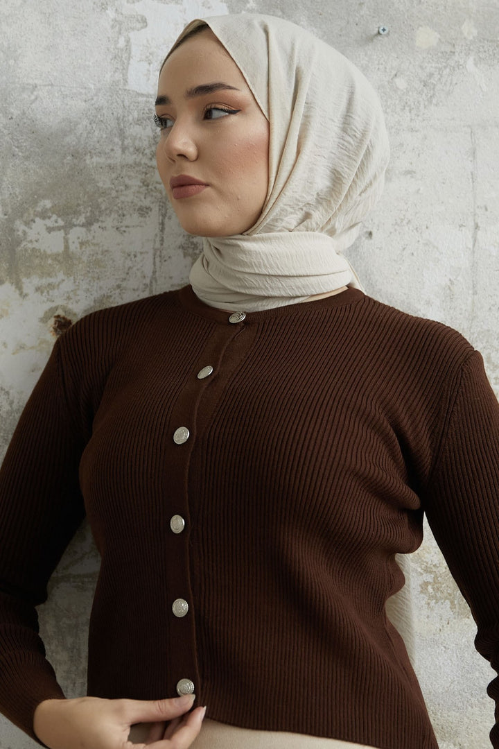 MDS Women Loren Stone Buttoned Knit Cardigan - Bitter Coffee - Cuenca