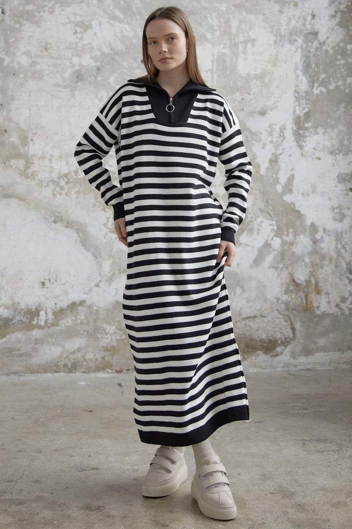 MDS Women Striped Knit Dress with Zippered Neckline - Black - Kiryas Joel