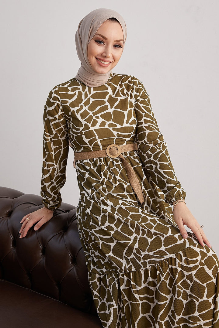 MDS Women Else Stone Patterned Straw Belted Dress - Khaki - Calais