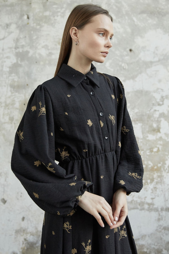 MDS Women Belted Embroidered Dress - Black - Salisbury