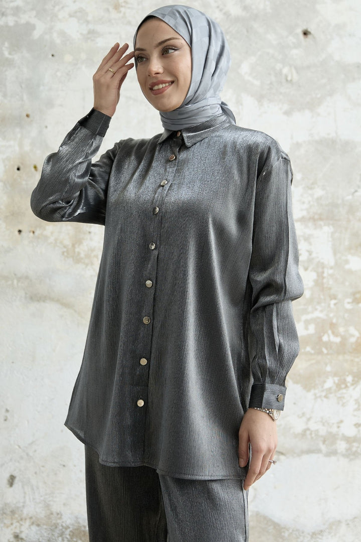 MDS Women Shirt Collar Sequined Two-Piece Set - Anthracite - Springville