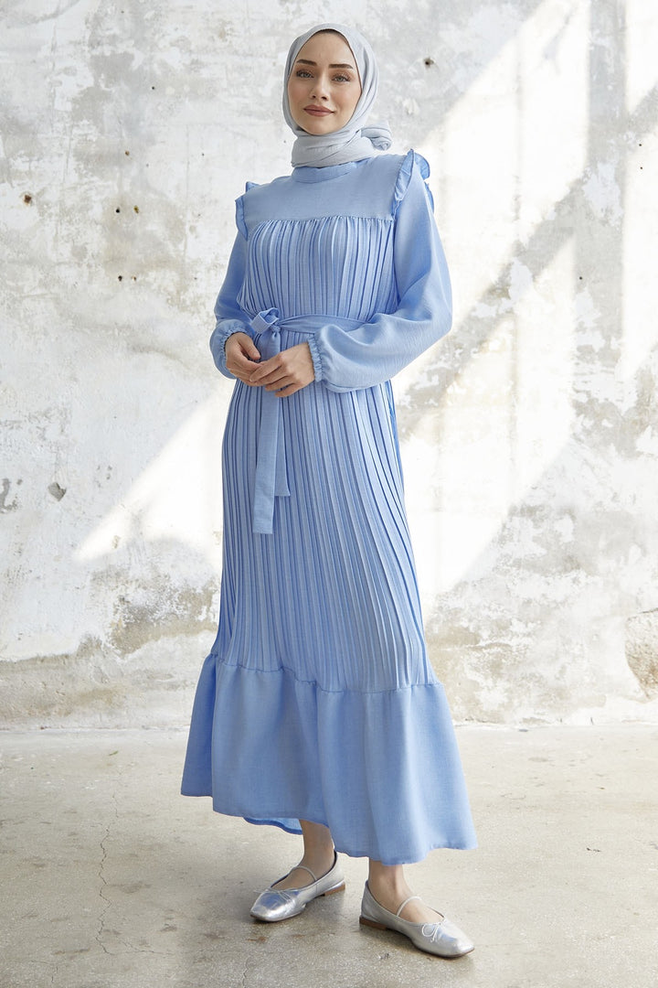 MDS Women Ruffle Trim Linen Dress - Baby Blue - Fairfield