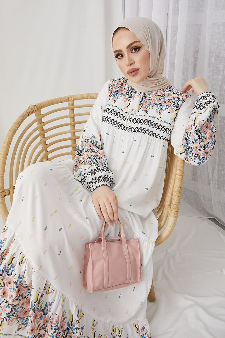 MDS Women Flowy Dress with Watery Pattern - White - Brăila