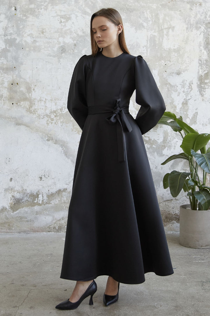 MDS Women Balloon Sleeve Belted Scuba Dress - Black - Moortebeek
