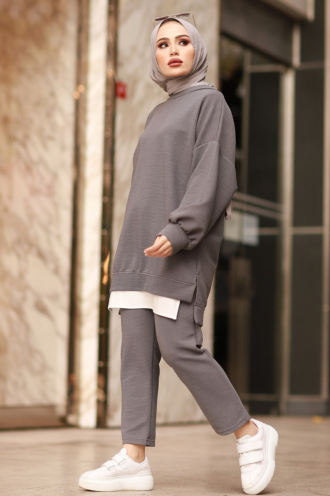 MDS Women Balloon Sleeve Two Piece Set - Gray - Orange