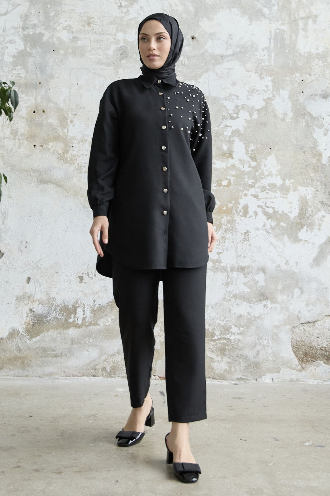 MDS Women Linen Set with Embroidery - Black - Baytown