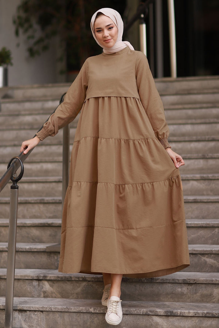 MDS Women Single Layer Detail Loose Dress - Tan - Hameln