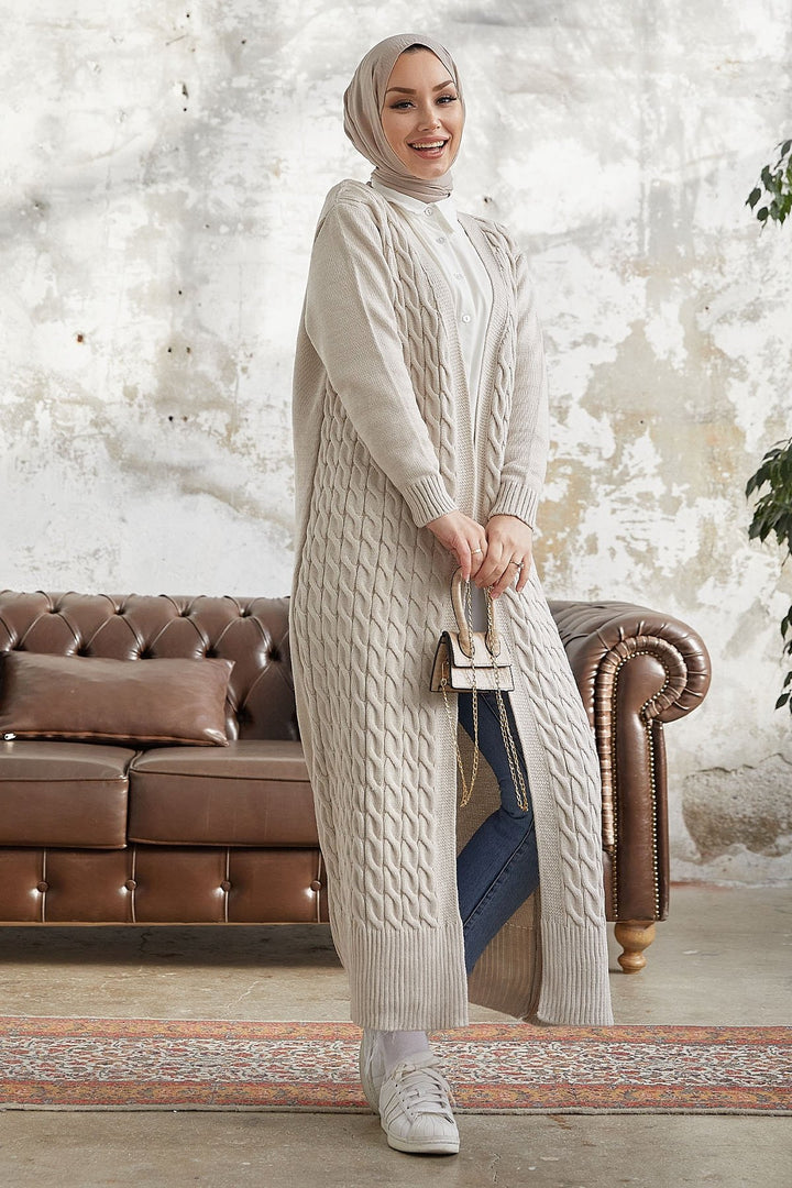 MDS Women Jolie Knitted Patterned Long Cardigan - Beige - Bury