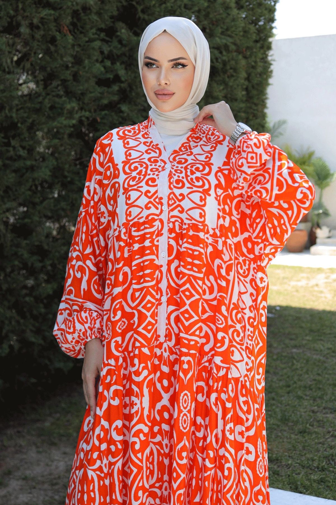 MDS Women Patterned Loose Ethnic Orange Viscose Dress - Fremont
