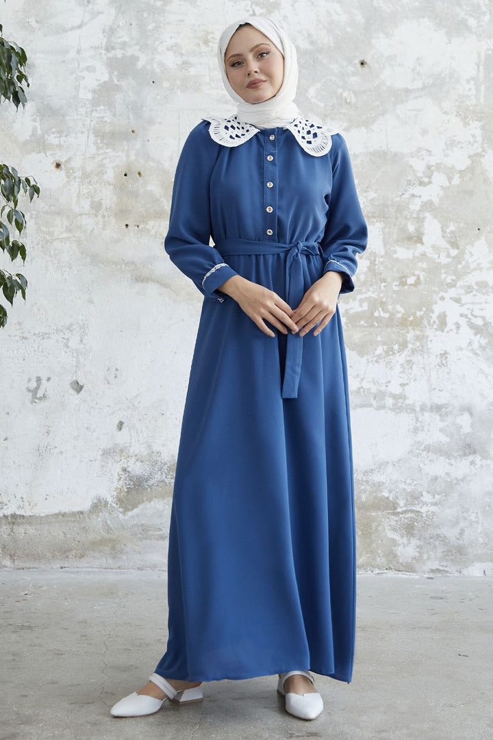 MDS Women Baby Collar Belted Dress - Indigo - Perth
