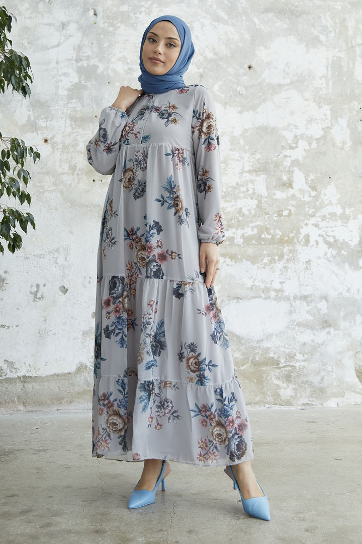 MDS Women Lace-Up Floral Chiffon Dress - Grey - Helmond