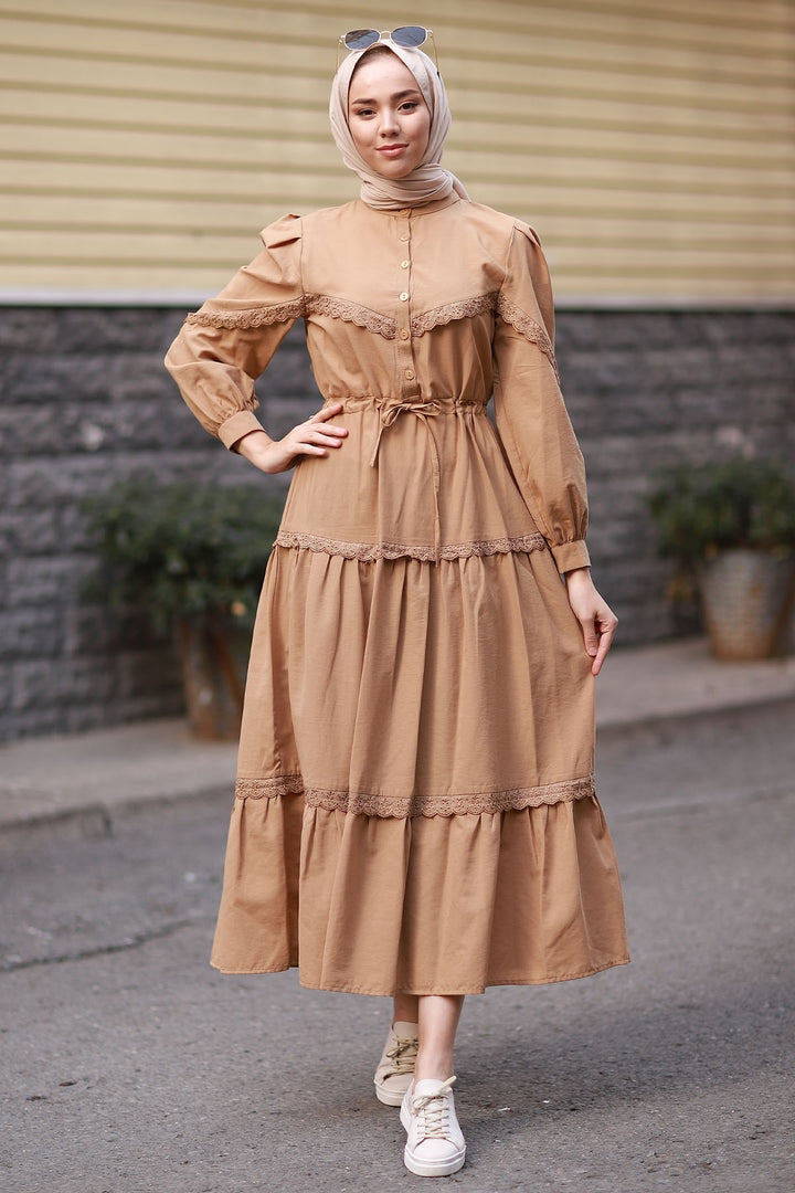 MDS Women Guipure Detail Balloon Sleeve Dress - Brown - Brookhaven