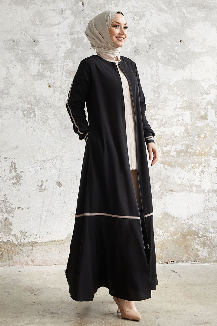 MDS Women Hazel Striped Patterned Abaya with Ribbons - Black - Loughborough