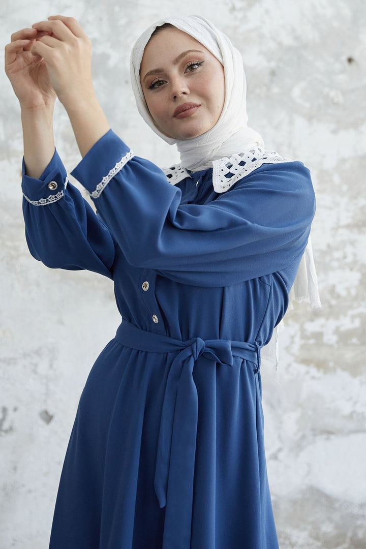 MDS Women Baby Collar Belted Dress - Indigo - Perth