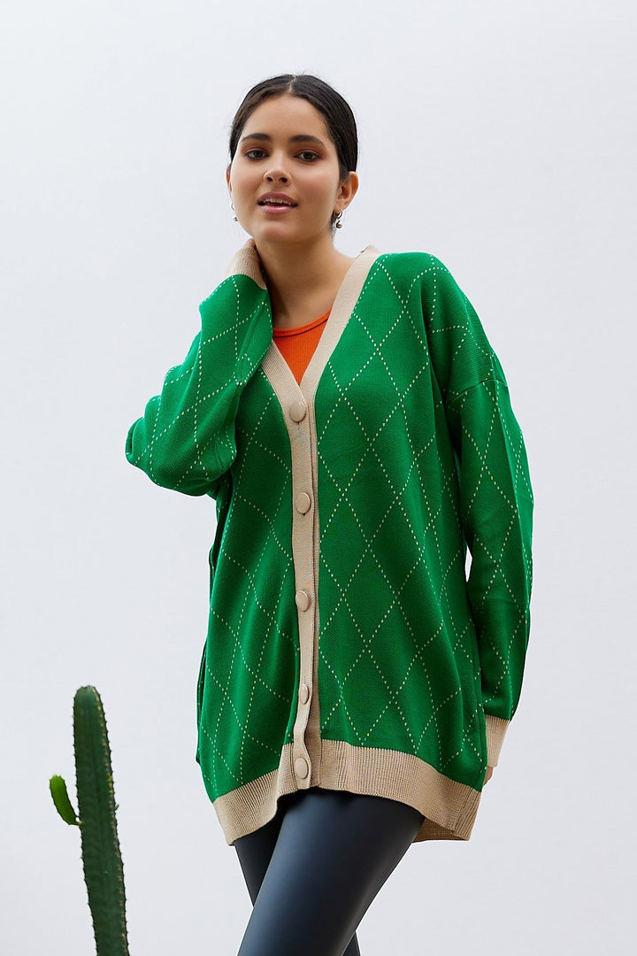 MDS Women Lovi Patterned Cardigan - Green - Amora
