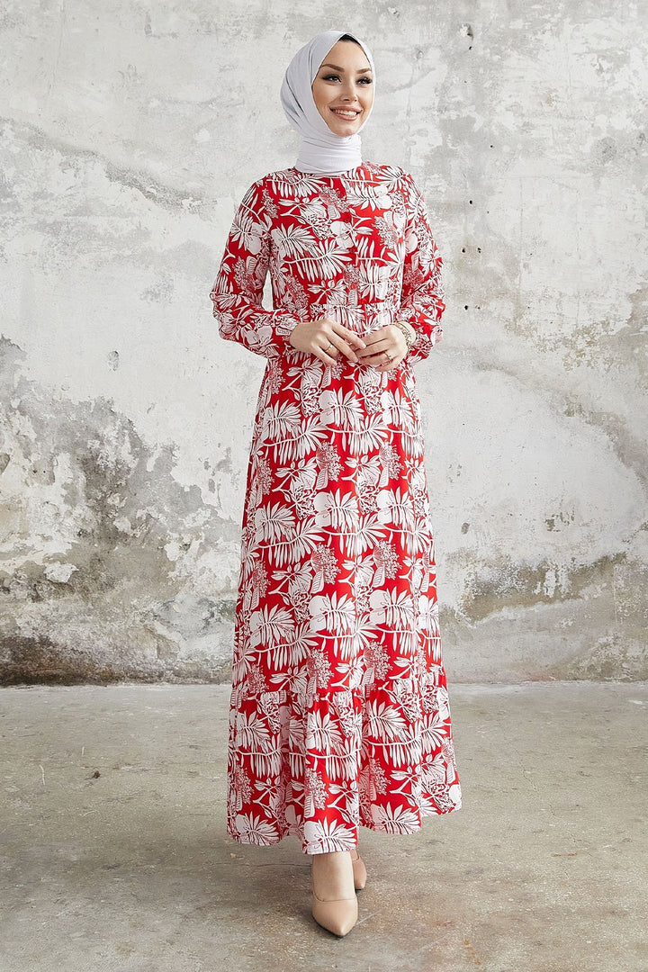 MDS Women Fale Complex Leaf Patterned Viscose Dress - Red - Ensenada