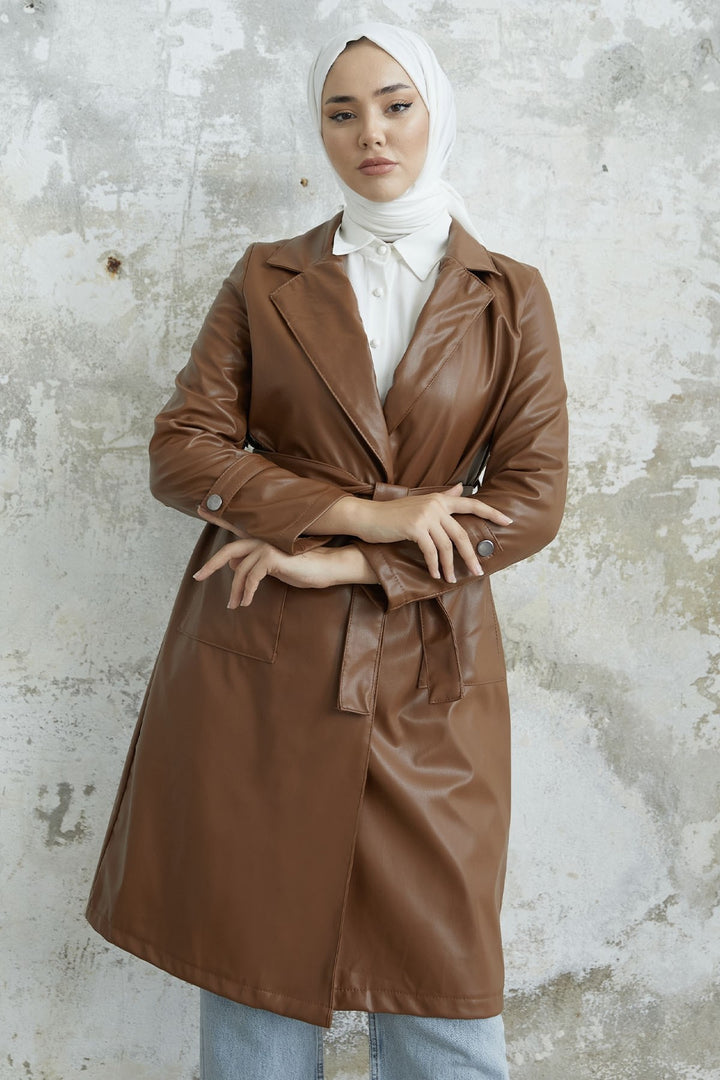 MDS Women Darina Belted Leather Trench Coat - Tan - Trieste