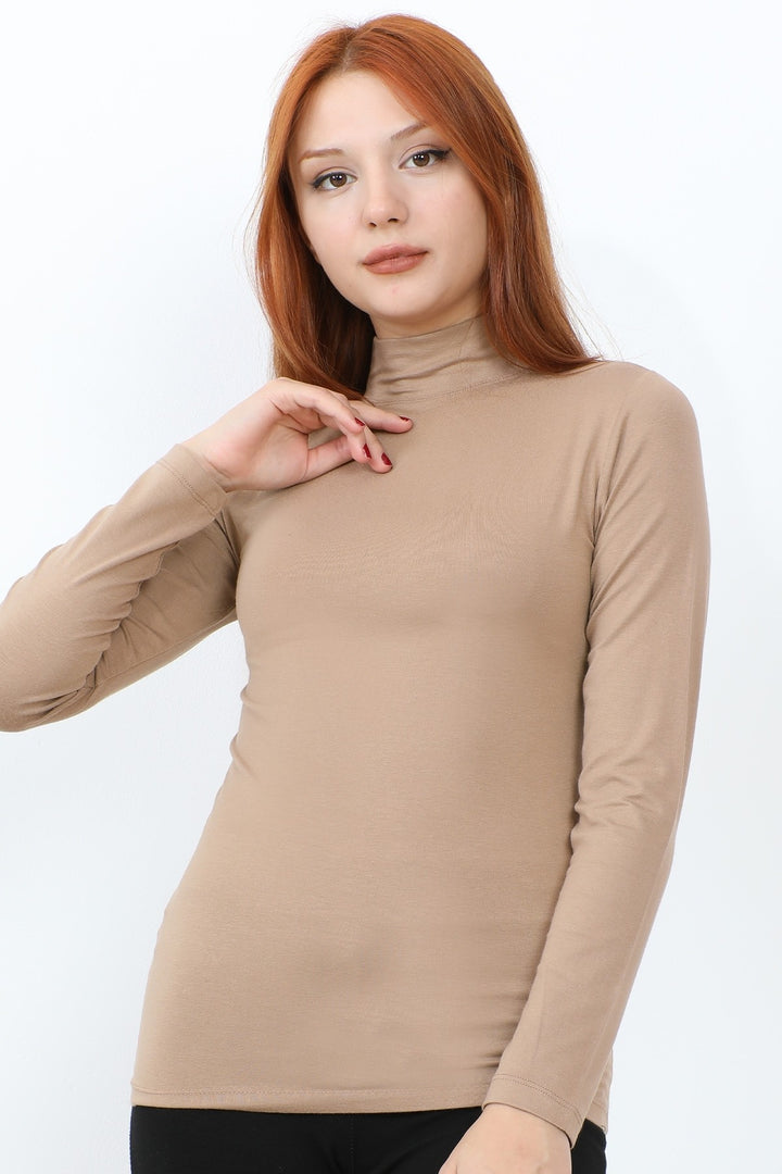 MDS Women Long Sleeve Fisherman Collar Basic Bodysuit - Beige - Beavercreek
