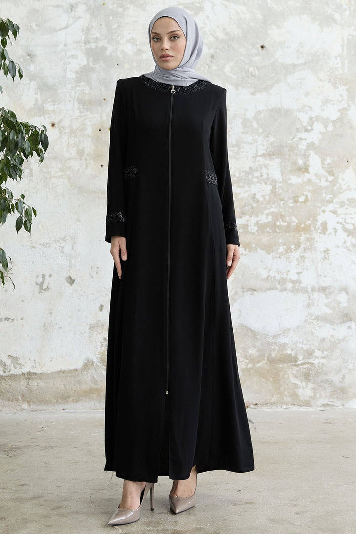 MDS Women Stone-embellished Abaya with Collar and Sleeves - Black - Varash