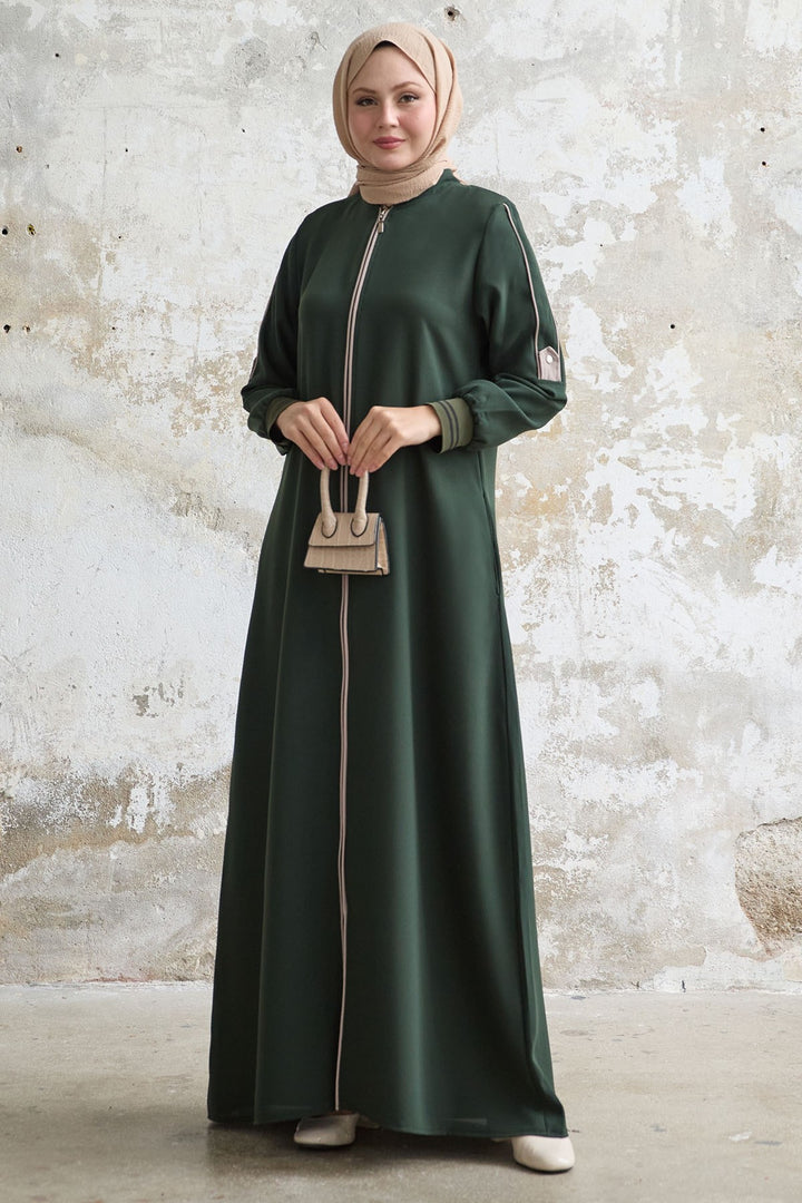 MDS Women Half-Collared Ribbed Khaki Abaya - Wokingham