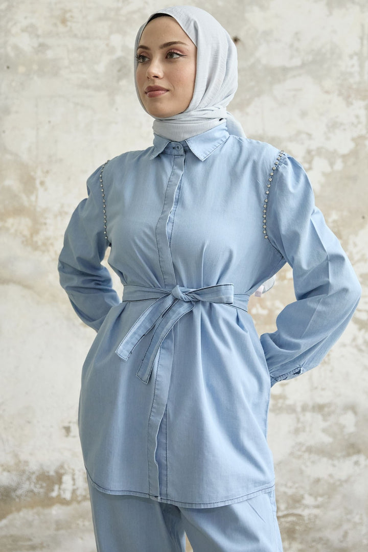 MDS Women Stone Washed Denim Two Piece Set - Light Blue - Steyr