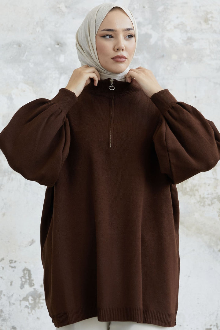 MDS Women Sara Zippered Knit Tunic - Bitter Brown - Cottage Grove