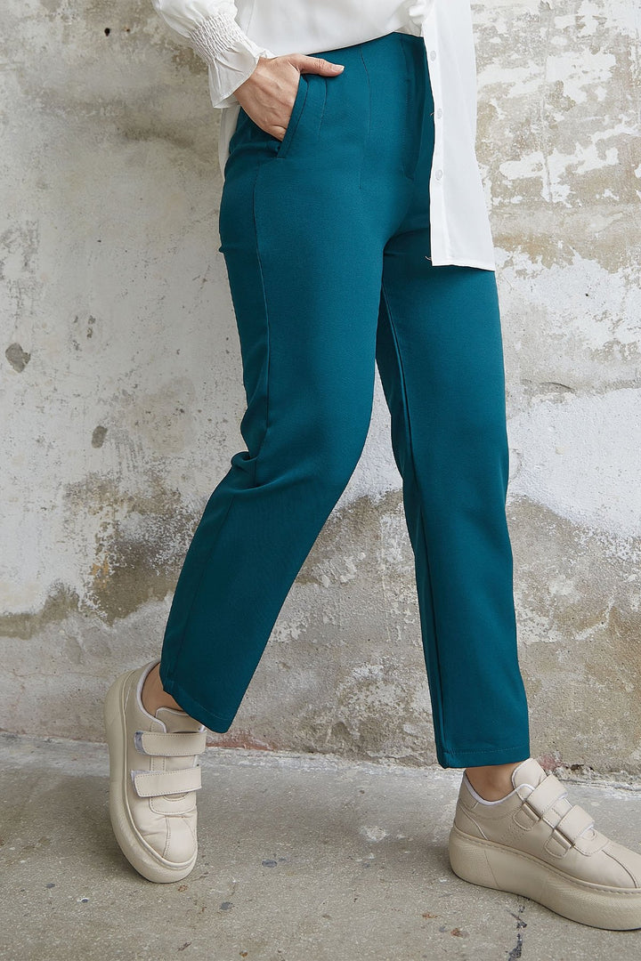 MDS Women High Waist Pleated Double Fabric Pants - Petrol Blue - Bartlett