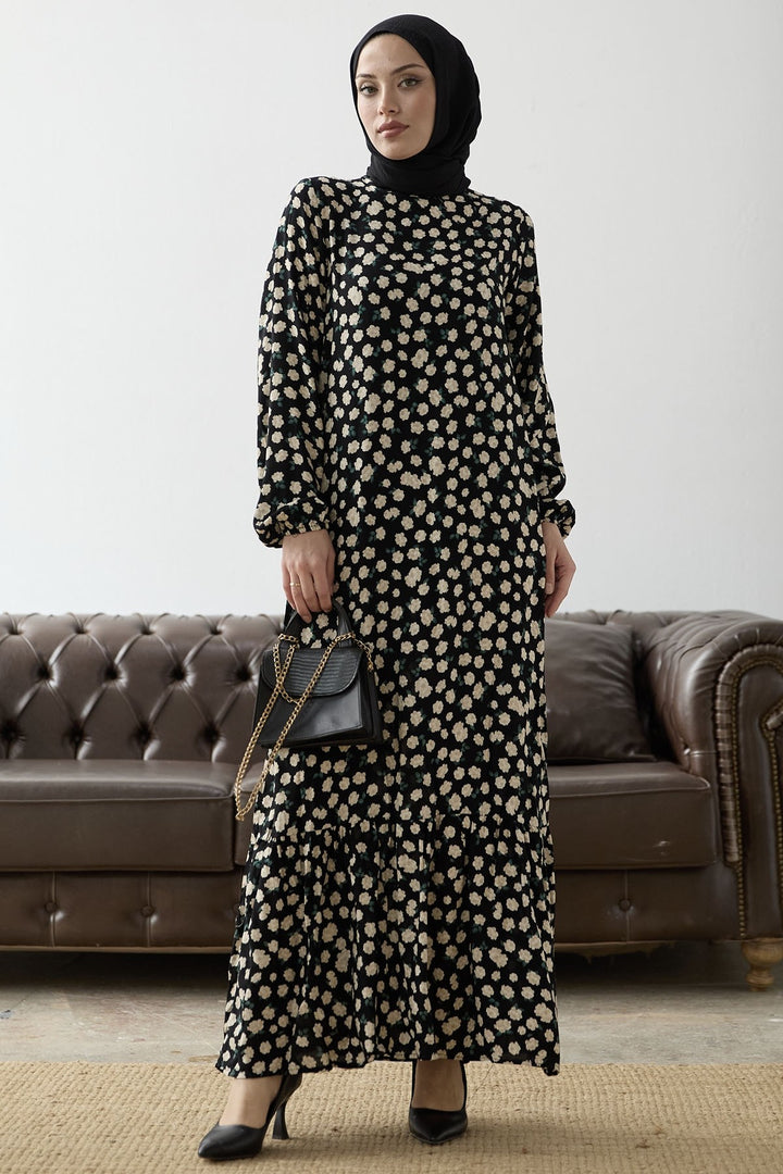 MDS Women Rose Pattern Viscose Dress - Black - Cluj-Napoca
