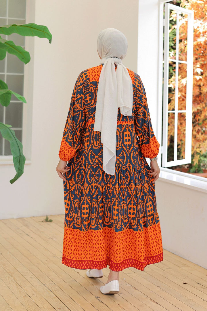 MDS Women Patterned Balloon Sleeve Orange Viscose Dress - Gloucester