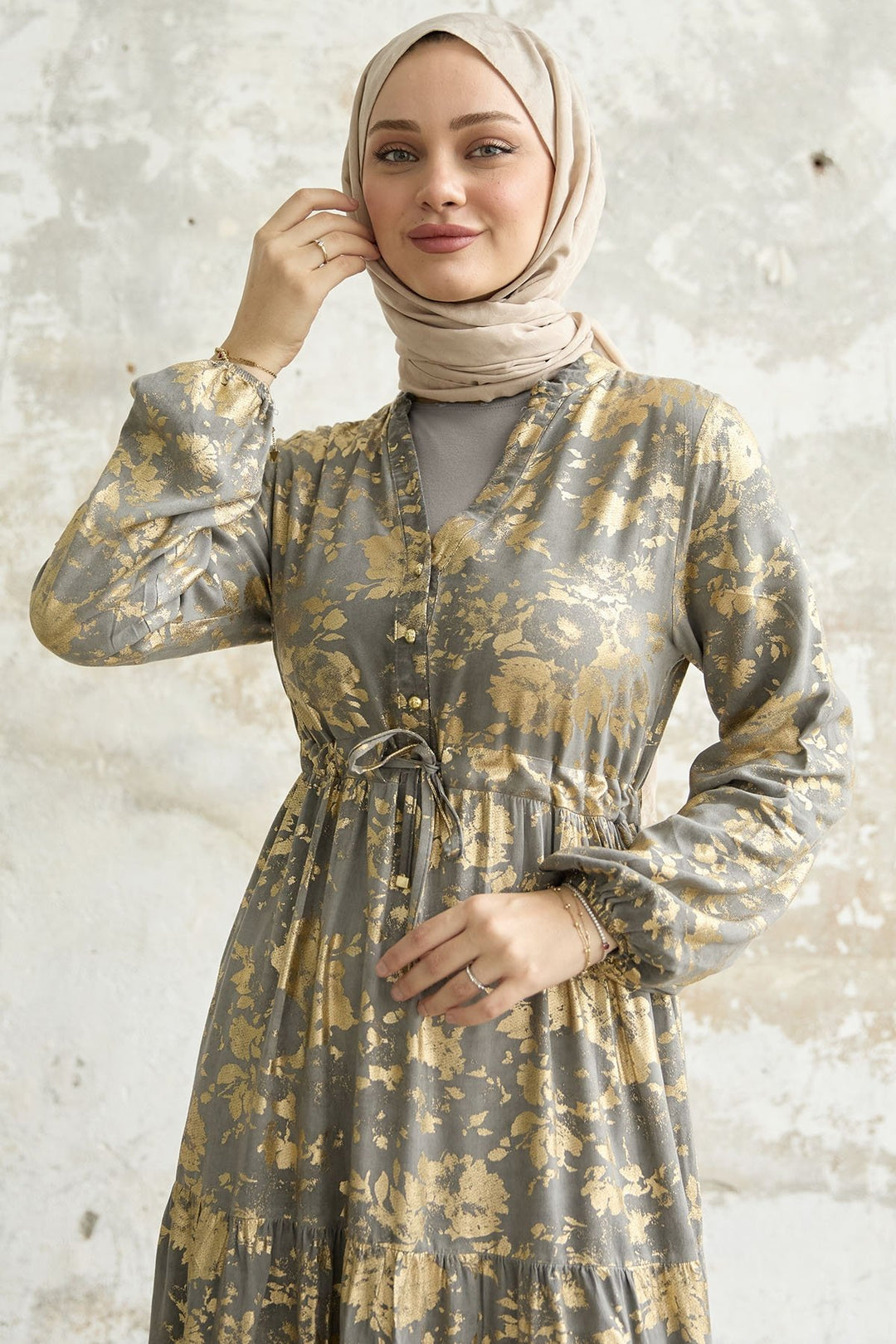 MDS Women Leaf Pattern Dress with Gold Leaf - Gray - Pombal