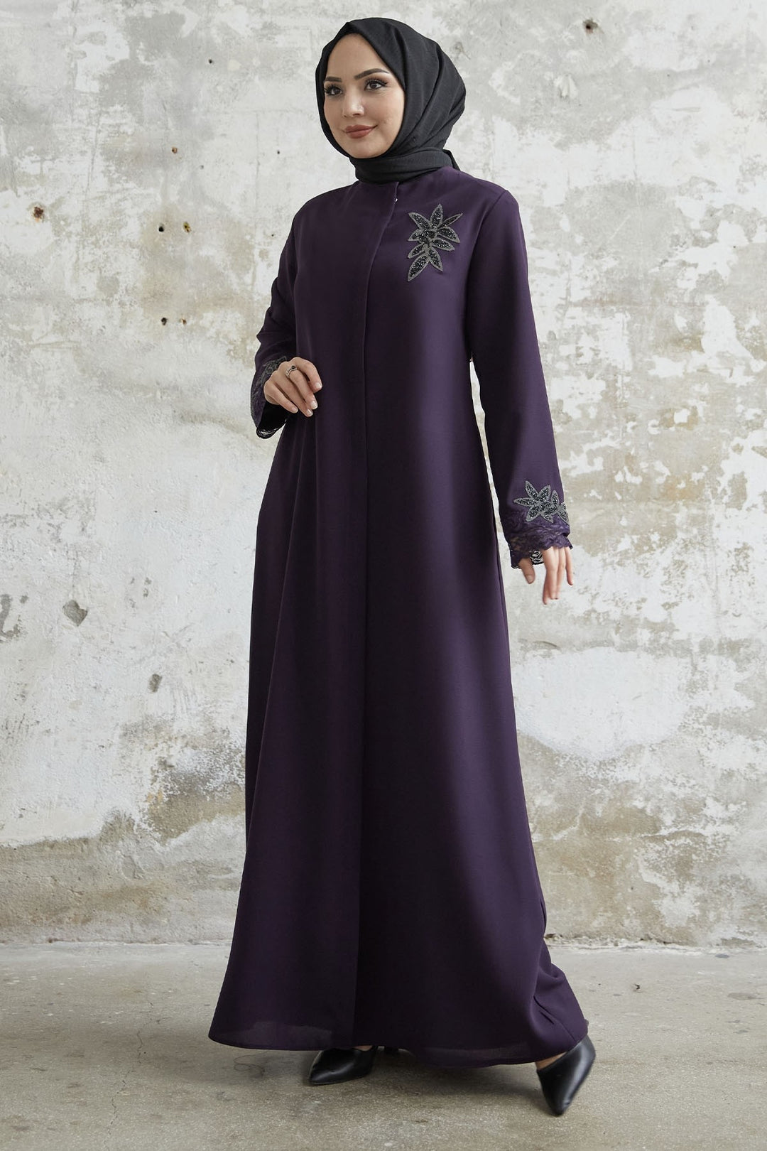 MDS Women Sleeve Flower Stone Abaya - Purple - Doral