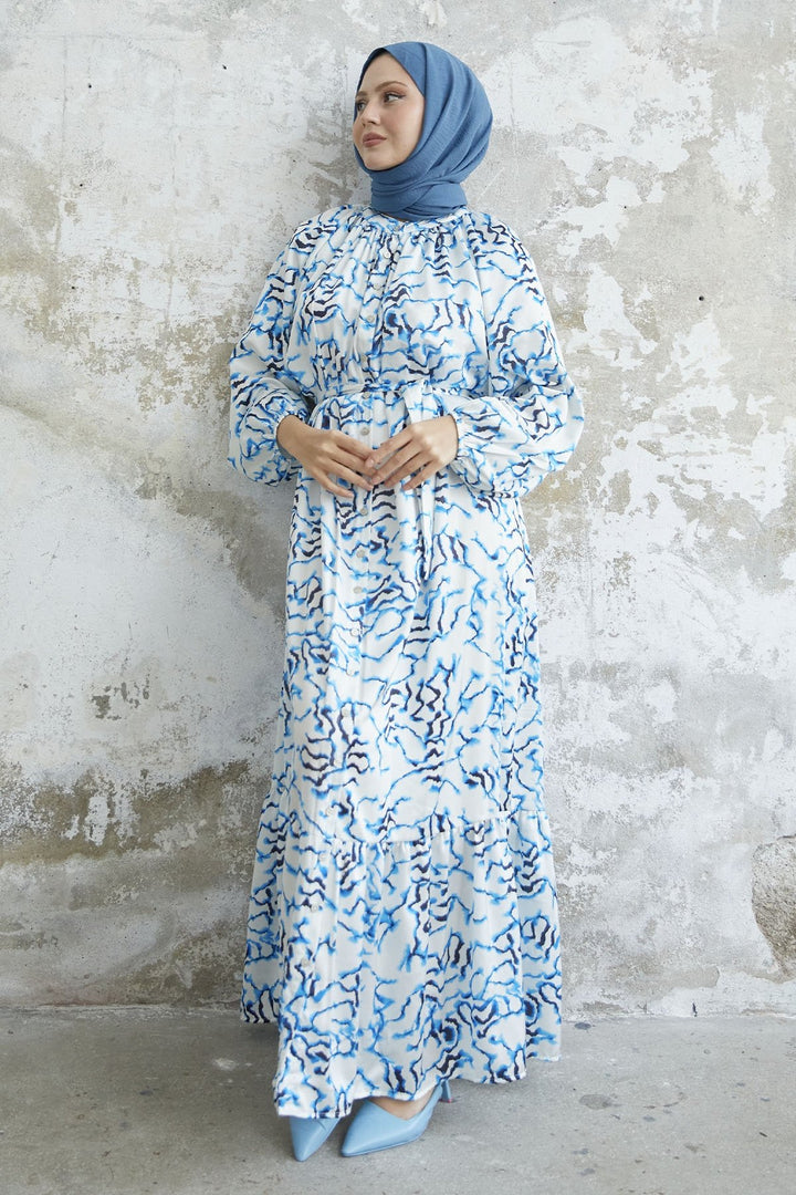 MDS Women Ruffle Patterned Satin Dress - Blue - Bossier City