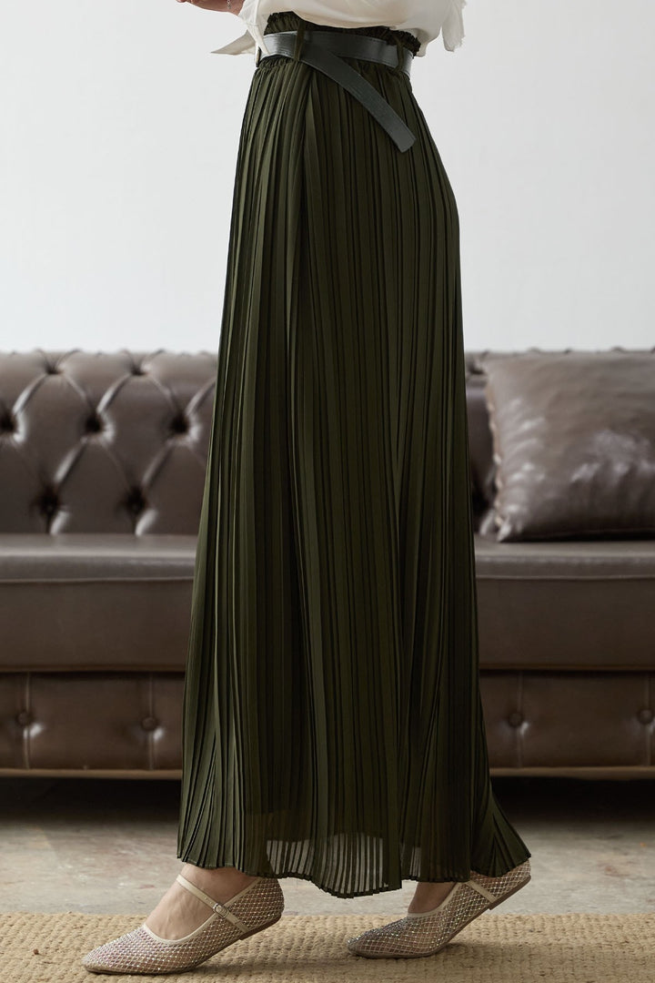 MDS Women Ruched Chiffon Skirt with Belt - Khaki - Dachau