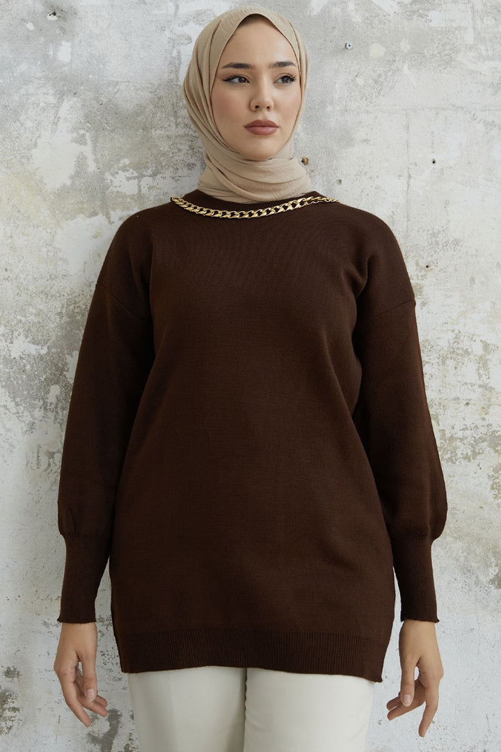 MDS Women Greenhouse Chain Detailed Knit Sweater - Dark Brown - Yuzhnoukrainsk