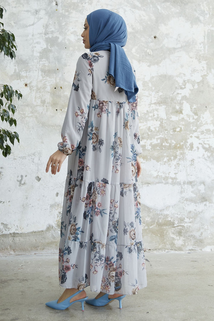 MDS Women Lace-Up Floral Chiffon Dress - Grey - Helmond
