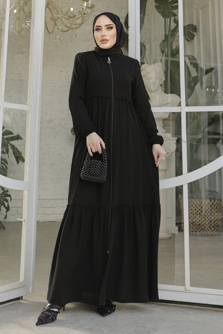 MDS Women Pleated Detail Zippered Abaya - Black - Ixtapaluca