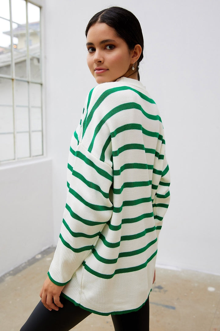 MDS Women Navi Striped Knit Cardigan - Green - Maspalomas