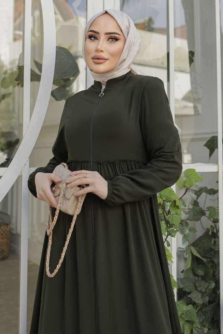 MDS Women Pleated Detail Zippered Abaya - Khaki - Orange
