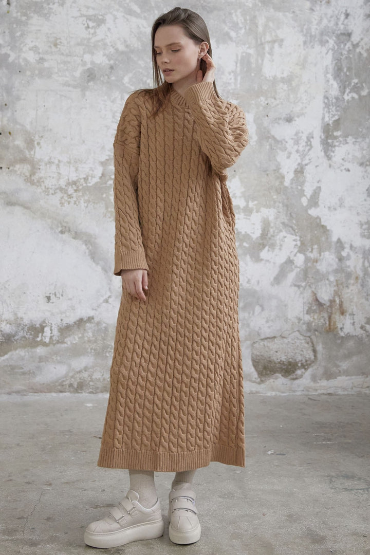 MDS Women Everly Knitted Patterned Sweater Dress - Camel - Arcadia