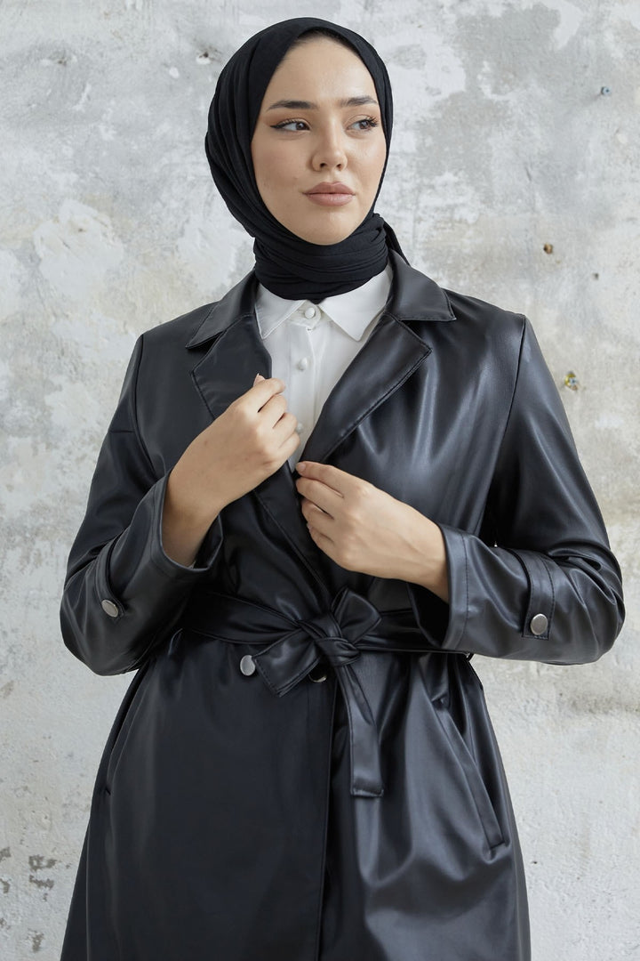 MDS Women Darina Belted Leather Trench Coat - Black - Agua Prieta