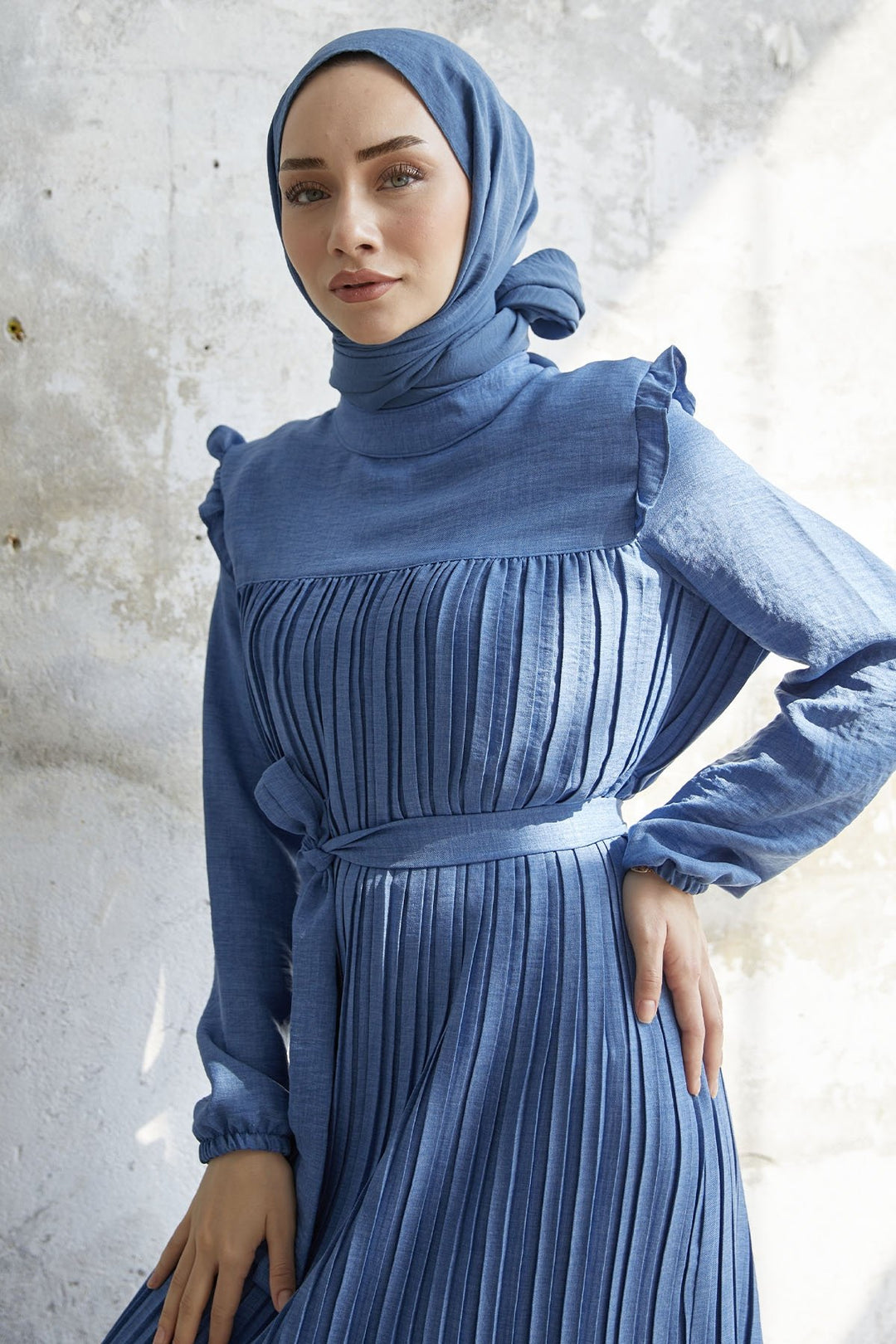 MDS Women Ruffle Trim Linen Dress with Puff Sleeves - Indigo - Goch