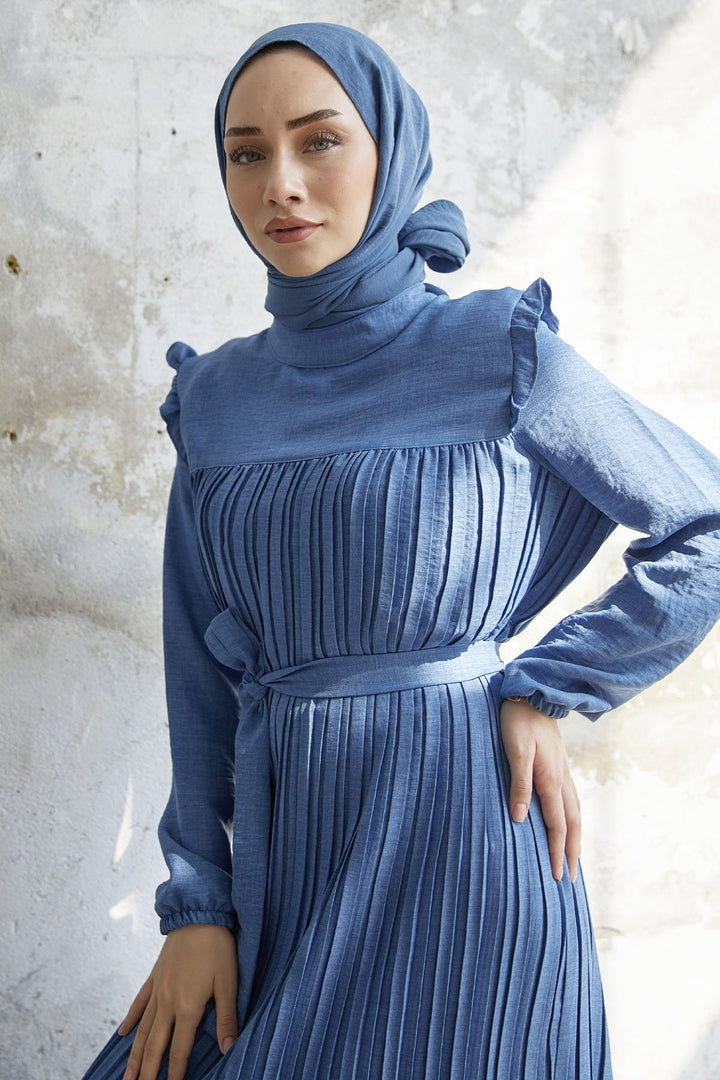 MDS Women Ruffle Trim Linen Dress with Puff Sleeves - Indigo - Goch